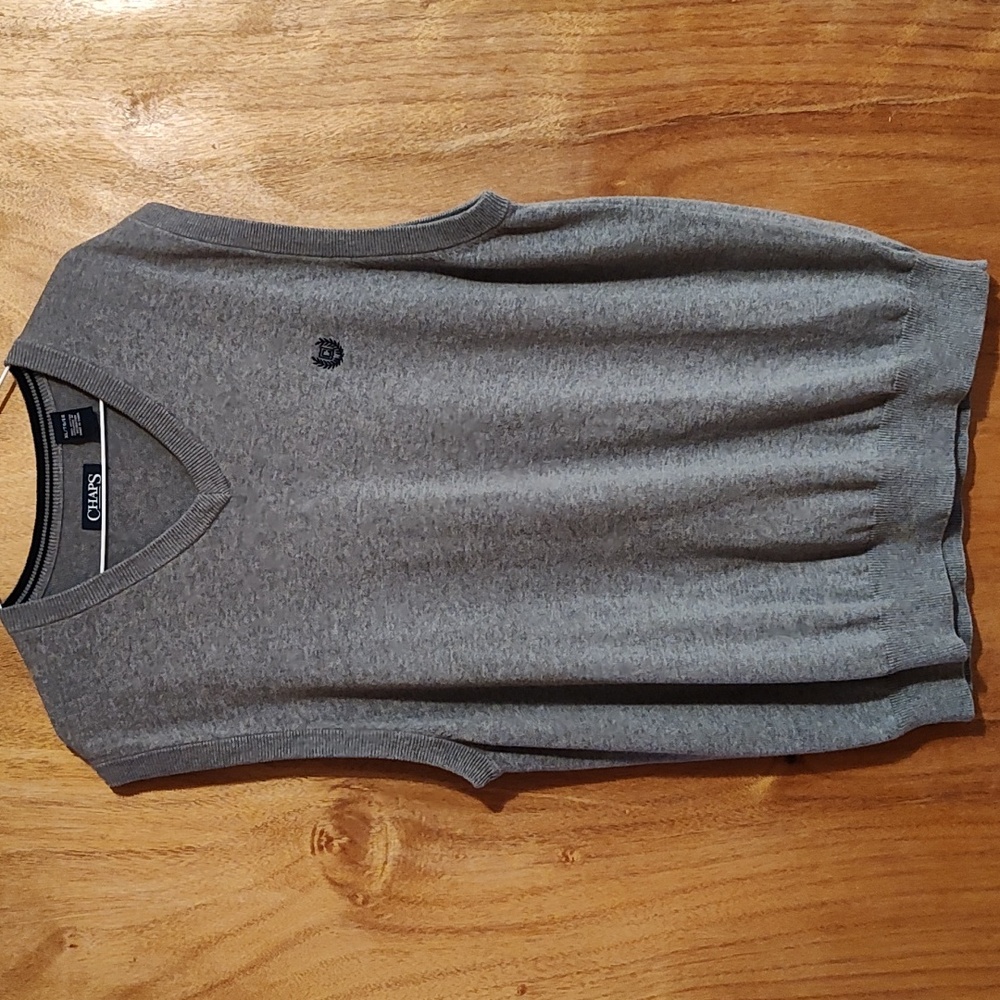 Chaps Mens V-Neck Sweater Vest Light Heather Gray Navy Detail 100% Cotton XL